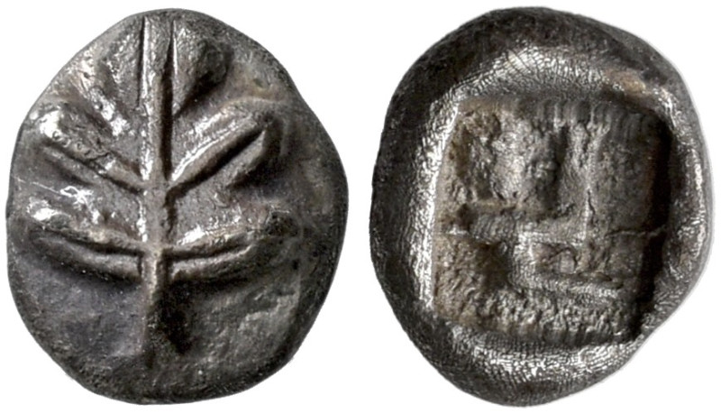ISLANDS OFF CARIA. 
KAMEIROS. Obol, about 500-460. AR 0.65 g. Fig leaf. Rev. De...