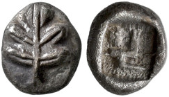 ISLANDS OFF CARIA. 
KAMEIROS. Obol, about 500-460. AR 0.65 g. Fig leaf. Rev. Deep patterned incuse square. Boston 258, 2032; Rosen Coll. 42, 648; SNG...