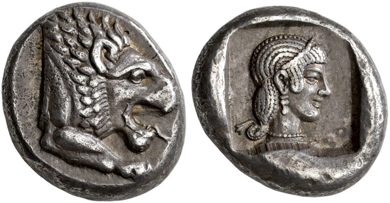 CARIA. 
KNIDOS. Drachm, about 465-449. AR 6.16 g. Forepart of lion r. with open...