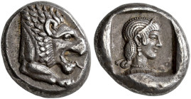 CARIA. 
KNIDOS. Drachm, about 465-449. AR 6.16 g. Forepart of lion r. with open mouth. Rev. Head of Aphrodite r., wearing ear pendant and necklace, p...