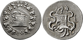 PHRYGIA. 
APAMEIA. Cistophoric tetradrachm, about 166-160. AR 12.60 g. Cista mystica with half-open lid, from which a serpent issues to l.; all withi...