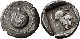 PAMPHYLIA. 
SIDE. Stater, about 430-400. AR 10.61 g. Pomegranate within dotted border. Rev. Head of Athena r., wearing crested Corinthian helmet and ...