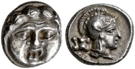 PISIDIA. 
SELGE. Obol, about 350-300. AR 1.07 g. Gorgoneion. Rev. Head of Athena r., wearing crested helmet, behind, astragalus. SNG BN Paris 1931; S...