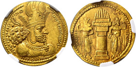 SASANIAN KINGDOM. 
SHABUR I, king AD 241-272. Dinar, 260-272. Mint I ("Ctesiphon"). AV 7.27 g. Draped bust of Shahpur I right, wearing mural tiara wi...