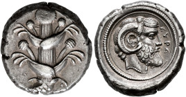 CYRENAICA. 
CYRENE. Tetradrachm, about 450. AR 17.22 g. Silphion plant. Rev. KYPA Bearded head of Zeus Ammon r., wearing ram's horn; all within linea...
