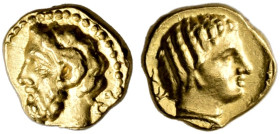 CYRENAICA. 
CYRENE. Litra, gold, about 322-313. AV 0.86 g. Bearded head of Zeus Ammon l. with ram's horn, behind, ΠO Rev. KY Female head r. (Libya ?)...