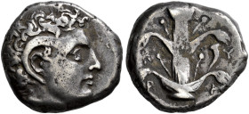 CYRENAICA. 
CYRENE. Didrachm, about 308-277. AR 7.74 g. Head of Apollo Karneios with ram's horn to r. Rev. K-Y/P-A Silphium plant; in r. field, cornu...