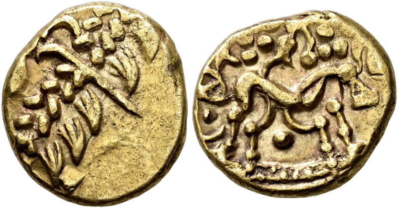 BRITANNIA. 
CORIELTAUVI. Stater, gold, about 70-55. AV 6.19 g. Degenerated laur...