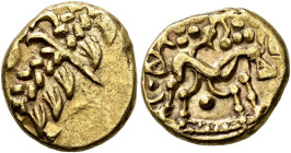 BRITANNIA. 
CORIELTAUVI. Stater, gold, about 70-55. AV 6.19 g. Degenerated laureate head. Rev. Horse galloping r., around, floral and geometric eleme...