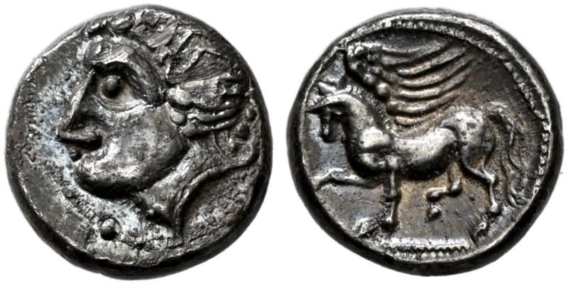 PANNONIA. 
Obol, about 2nd c. BC. AR 0.93 g. Male head l. Rev. Pegasus flying l...