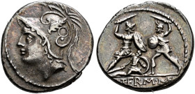 COINS OF THE ROMAN REPUBLIC. 
Q. Minucius M.f. Thermus. Denarius, about 103. AR 4.00 g. Head of Mars l., wearing crested helmet, decorated with volut...