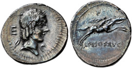 COINS OF THE ROMAN REPUBLIC. 
L. Calpurnius Piso Frugi. Denarius, about 90 BC. AR 3.68 g. Laureate head of Apollo r., hair falling down in four locks...