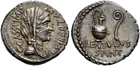 IMPERATORIAL COINAGE. 
C. CASSIUS and LENTULUS SPINTHER Denarius, mint moving with Brutus and Cassius, about 43-42. AR 4.10 g. C.CASSI.IMP - LEIBERTA...