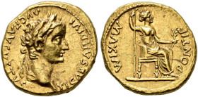 COINS OF THE ROMAN EMPIRE. 
TIBERIUS, AD 14-37. Aureus, Lugdunum. AV 7.77 g. TI CAESAR DIVI - AVG F AVGVSTVS Laureate head r. Rev. PONTIF - MAXIM Fem...