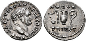 COINS OF THE ROMAN EMPIRE. 
VESPASIAN, AD 69-79. Denarius, 72-73. AR 3.19 g. IMP CAES VESP AVG PM COS IIII Laureate head r. Rev. AVGVR / TRIPOT Pries...