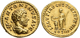COINS OF THE ROMAN EMPIRE. 
MARCUS AURELIUS, AD 161-180. Aureus, 162-163. AV 7.29 g. .M.ANTONINVS AVG Laureate and draped bust r., seen from rear. Re...