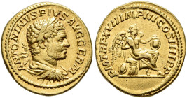 COINS OF THE ROMAN EMPIRE. 
CARACALLA, AD 198-217. Aureus, 214. AV 7.43 g. ANTONINVS PIVS AVG GERM Laureate, draped and cuirassed bust r., seen from ...