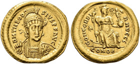 EASTERN ROMAN EMPIRE. 
THEODOSIUS II, AD 401-450. Solidus, Constantinople, about 408-419. AV 4.43 g. DN THEODO - SIVS PF AVG Cuirassed, facing bust o...