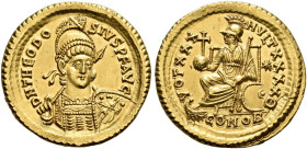 EASTERN ROMAN EMPIRE. 
THEODOSIUS II, AD 401-450. Solidus, Constantinople, about 430-440. AV 4.48 g. DN THEODO - SIVS PF AVG Cuirassed, facing bust o...