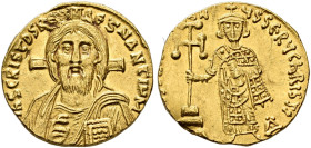 BYZANTINE EMPIRE. 
IUSTINIANUS II, first reign AD 685-695. Solidus, Contantinople, about 692-695. AV 4.46 g. IhS CRIStOS ReX - ReGNANtIyM Bearded, fa...