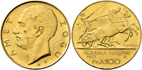 ALBANIA. KINGDOM. 
100 Franga Ari 1927 R, Roma. 2 Stars. 32,24 g. Fr. 1; Schl. 11.
Tiny edge knocks. Almost Extremely fine