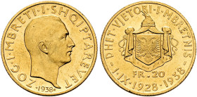 ALBANIA. KINGDOM. 
20 Franga Ari 1938, Rom. 10 years anniversary as King. 6,45 g. Montenegro 34; Fr. 17; Schl. 36.
Very rare. Mintage only 1.000 coi...