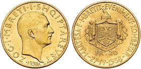 ALBANIA. KINGDOM. 
20 Franga Ari 1938, Rom. Wedding wih Countess Appónyi on 27 April1938. 6,45 g, Montenegro 36; Fr. 14; Schl. 30.
Very rare. Mintag...