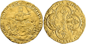 FRANCE. ROYAUME. 
Jean le Bon, 1350-1364. Franc à cheval 1360 (Authorized 5 December). AV 3.78 g. Jean, crowned and in full armor, left on caparisone...