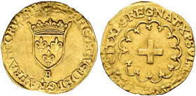 FRANCE. ROYAUME. 
François I, 1515-1547. 1/2 ecu d'or à la croisette ND, Rouen. AV 1.66 g. Crowned shield of France; below, B. Rev. Cross in a polylo...