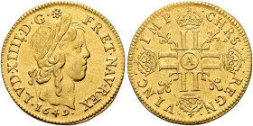 FRANCE. ROYAUME. 
Louis XIV, 1643-1715. Louis d'or à la mèche longue 1649, Paris. AV 6.68 g. LVD • XIIII • D • G • FR • ET • NAV • REX •Laureate bust...