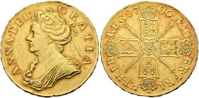GREAT BRITAIN. UNITED KINGDOM. 
Anne, 1702-1714. 5 Guineas 1706. Tower (London) mint. ANNA • DEI GRATIA •, draped bust to left, hair tied in fillet /...