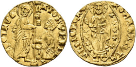 ITALIA. ROMA. 
Senato Romano, 1350-1439. Ducato n.d. S PETRVS – SEN /ATOR VRBIS S. Pietro, stante a d., consegna il vessillo al senatore genuflesso; ...