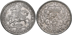 THE NETHERLANDS. HOLLAND. 
Province. Piedfort or Silver Double Ducaton 1673, Amsterdam. Knight on horse over crowned coat of arms // 2 lions holding ...