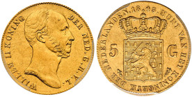 THE NETHERLANDS. KÖNIGREICH, SEIT 1815. 
Wilhelm II., 1840-1849. 5 Gulden 1843, Utrecht. Fr. 334. Schl. 126; Schulman 503 (RR); 3,37 g.
Gold. Very r...