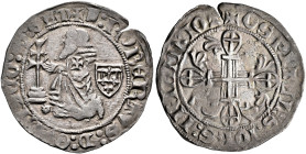 RHODOS. Knights of St. John. 
Robert de Juilly, 31st Grand Master, 1374-1377. Gigliato n.d. AR 3,81 g. Grand Master kneeling to left, family arms in ...