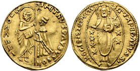 RHODOS. Knights of St. John. 
Pierre d'Aubusson, 40th Grand Master, 1476-1503. Ducat n.d. AV 3, 46g. f.pe.daubusson - s.iohanni. Grand Master kneelin...