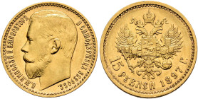 RUSSIA. TSARDOM, UNTIL 1917. 
Nicholas II, 1894-1917. 15 Roubles 1897. Mintmaster: Apollon Grasgov. "OCC" under neck (Variant with Adam's apple). Kaz...