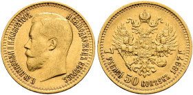RUSSIA. TSARDOM, UNTIL 1917. 
Nicholas II, 1894-1917. 7 1/2 Rubel 1897. Mintmaster: Apollon Grasgov. Narrow edge. Kazakov 67; Bitkin 17; Severin 557;...