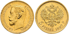 RUSSIA. TSARDOM, UNTIL 1917. 
Nicholas II, 1894-1917. 5 Roubles 1897. Mintmaster: Apollon Grasgov. Variant with smaller edge and portrait of 1898. Ka...