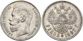 RUSSIA. TSARDOM, UNTIL 1917. 
Nicholas II, 1894-1917. 1 Rubel 1897, Brussels. "Brussels Trial Pattern" with star and "bird" edge variant. Kazakov 81;...