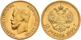 RUSSIA. TSARDOM, UNTIL 1917. 
Nicholas II, 1894-1917. 10 Roubles 1900. Mintmaster: Felix Saleman. Variant with narrow edge and portrait from 1900. Ka...