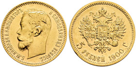 RUSSIA. TSARDOM, UNTIL 1917. 
Nicholas II, 1894-1917. 5 Roubles 1900. Mintmaster: Felix Saleman. Kazakov 203; Bitkin 26; Severin 570; Friedberg 180. ...