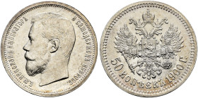 RUSSIA. TSARDOM, UNTIL 1917. 
Nicholas II, 1894-1917. 50 Kopecks 1900 Mintmaster: Felix Saleman. Kazakov 206; Bitkin 79; Julian 877; Uzdenikov 2112. ...
