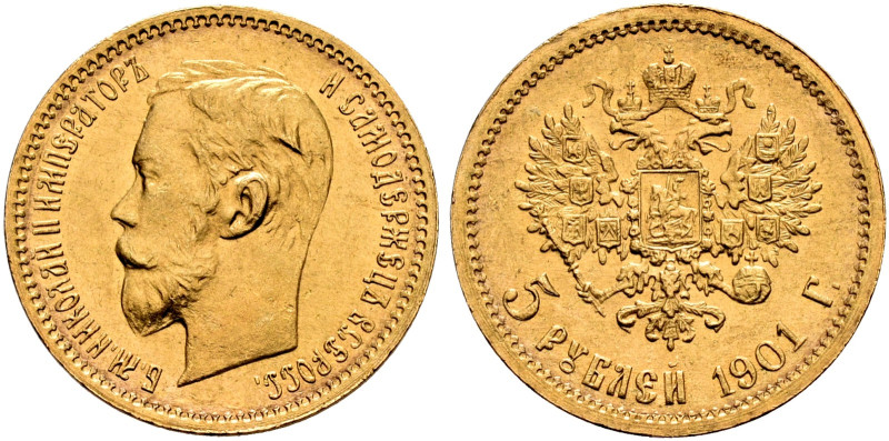 RUSSIA. TSARDOM, UNTIL 1917. 
Nicholas II, 1894-1917. 5 Roubles 1901. Mintmaste...