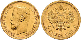 RUSSIA. TSARDOM, UNTIL 1917. 
Nicholas II, 1894-1917. 5 Roubles 1901. Mintmaster: Felix Saleman. Kazakov 222; Bitkin 27; Severin 572; Friedberg 180. ...