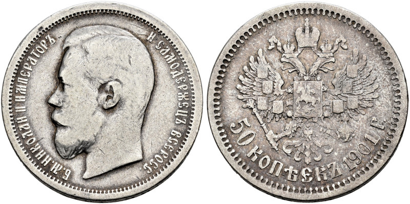 RUSSIA. TSARDOM, UNTIL 1917. 
Nicholas II, 1894-1917. 50 Kopecks 1901 Mintmaste...