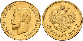RUSSIA. TSARDOM, UNTIL 1917. 
Nicholas II, 1894-1917. 10 Roubles 1901. Mintmaster: Aleksandr Redko. Kazakov 221; Bitkin 9; Severin 575; Friedberg 179...