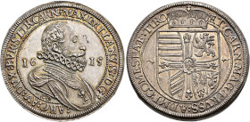 Erzherzog Maximilian, 1612-1618. Taler 1615, Hall. Geharnischtes Brustbild mit grosser Halskrause zwischen der geteilten Jahreszahl nach rechts // Gek...