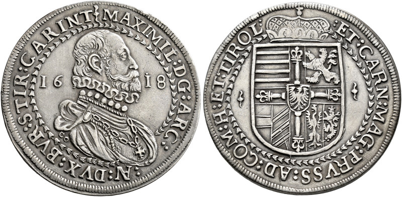 Erzherzog Maximilian, 1612-1618. Taler 1618, Hall. Geharnischtes Brustbild mit g...