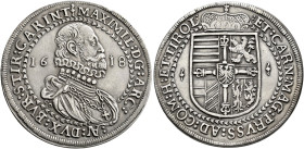 Erzherzog Maximilian, 1612-1618. Taler 1618, Hall. Geharnischtes Brustbild mit grosser Halskrause zwischen der geteilten Jahreszahl nach rechts // Gek...
